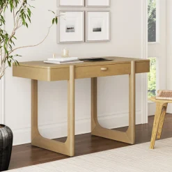 Solid Wood Desk with Drawer & Rounded Legs Light Brown