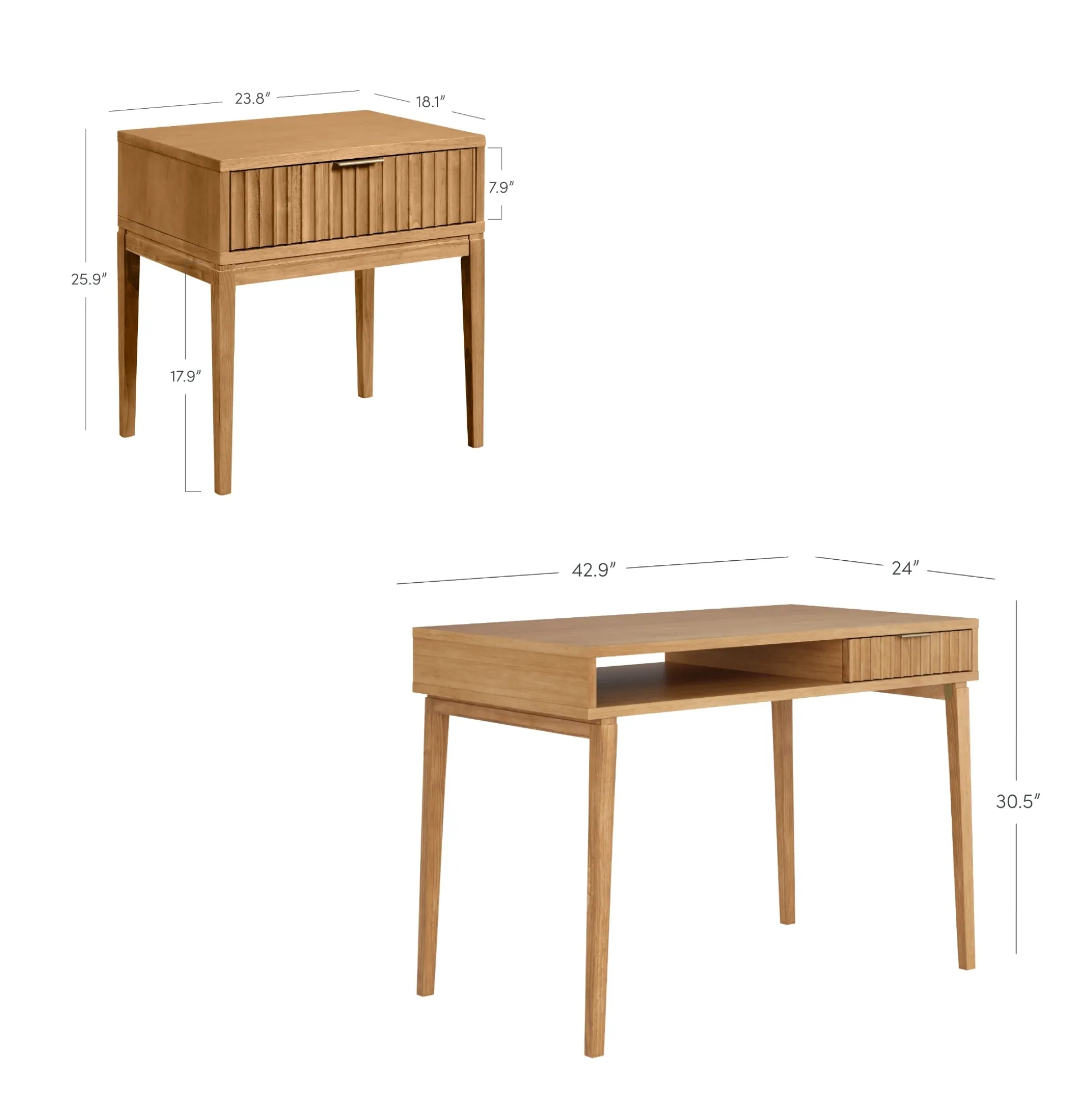 Solid Wood Fluted Desk & Nightstand Bedroom Vanity Set