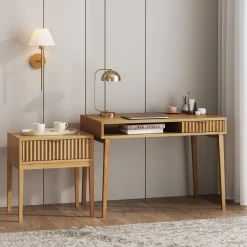 Solid Wood Fluted Desk & Nightstand Bedroom Vanity Set