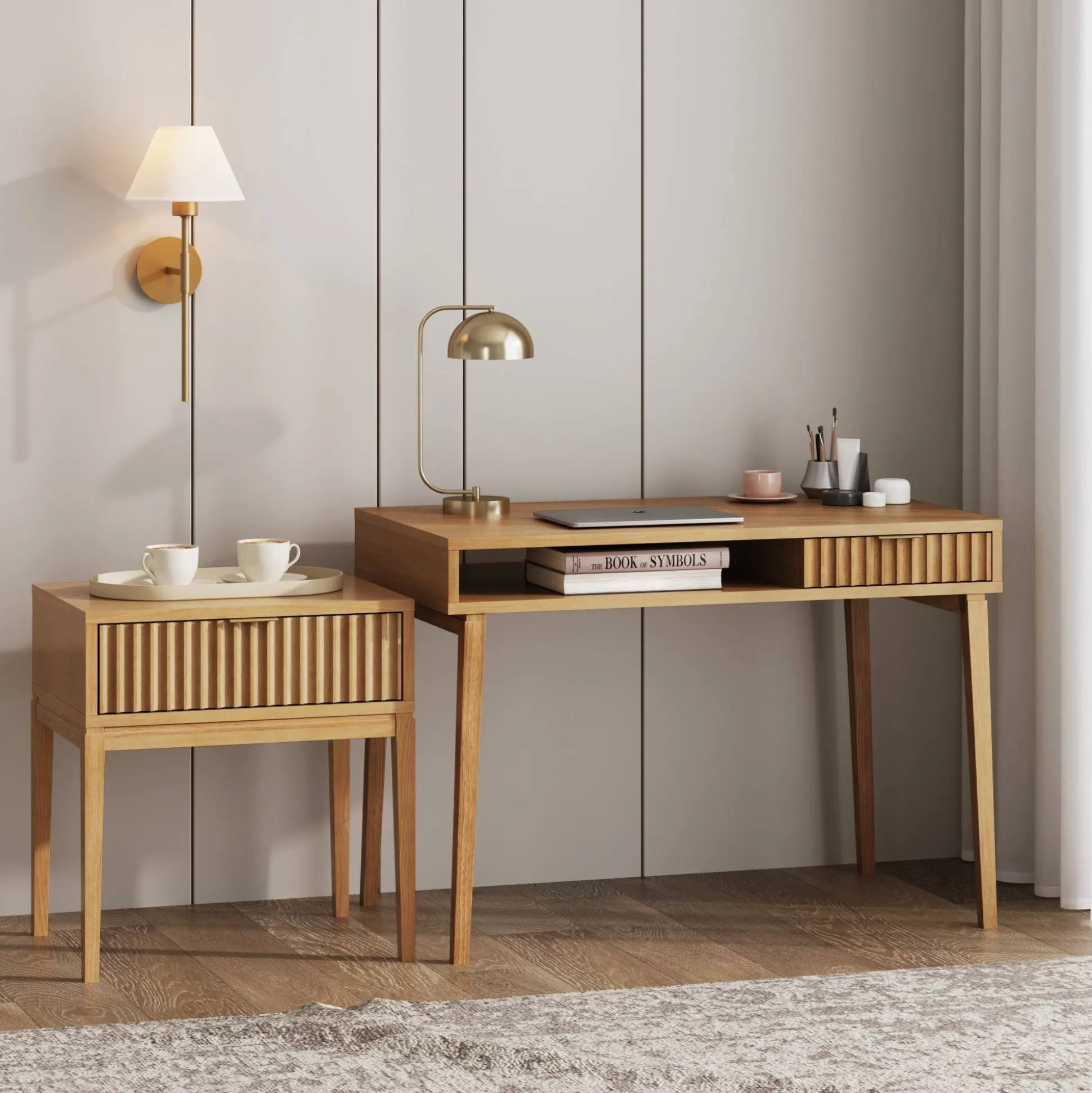 Solid Wood Fluted Desk & Nightstand Bedroom Vanity Set