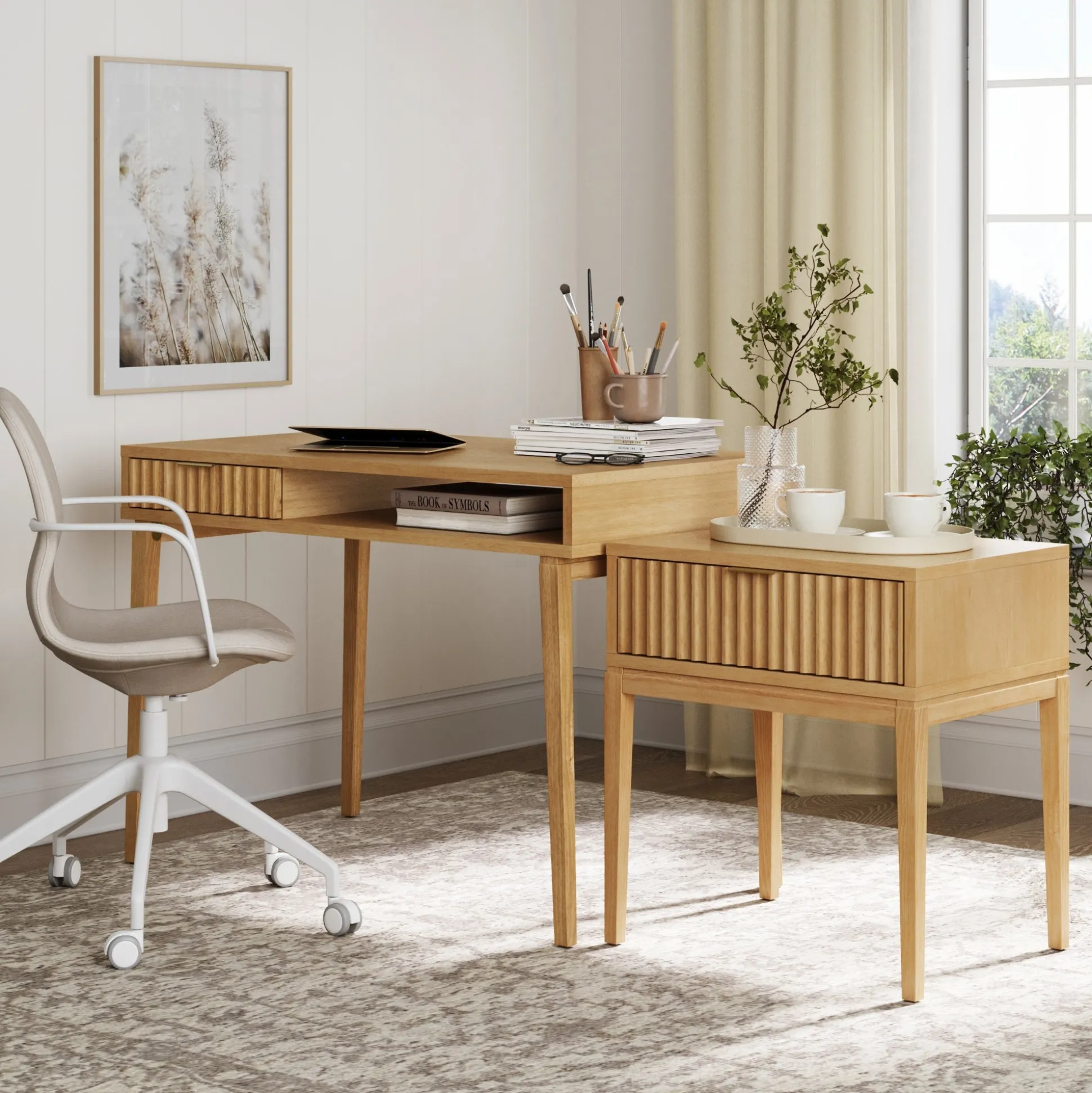 Solid Wood Fluted Desk & Nightstand Bedroom Vanity Set