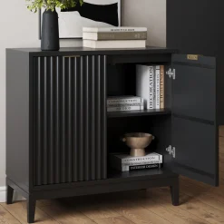 Solid Wood Fluted Entertainment Center Black Oak (2 Cabinets)