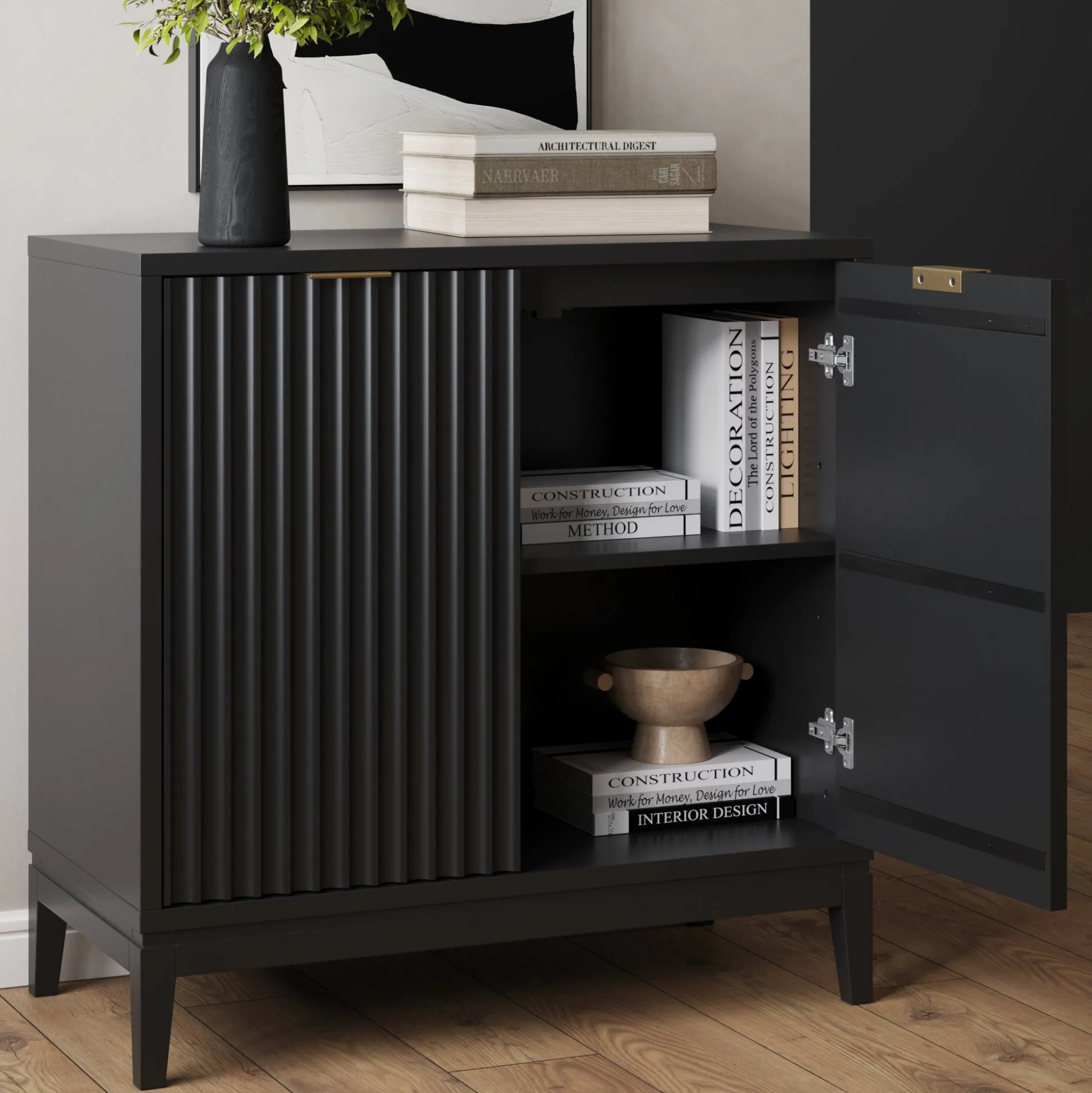 Solid Wood Fluted Entertainment Center Black Oak (2 Cabinets)
