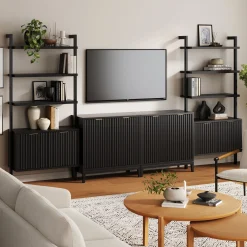 Solid Wood Fluted Entertainment Center Black Oak (2 Cabinets)