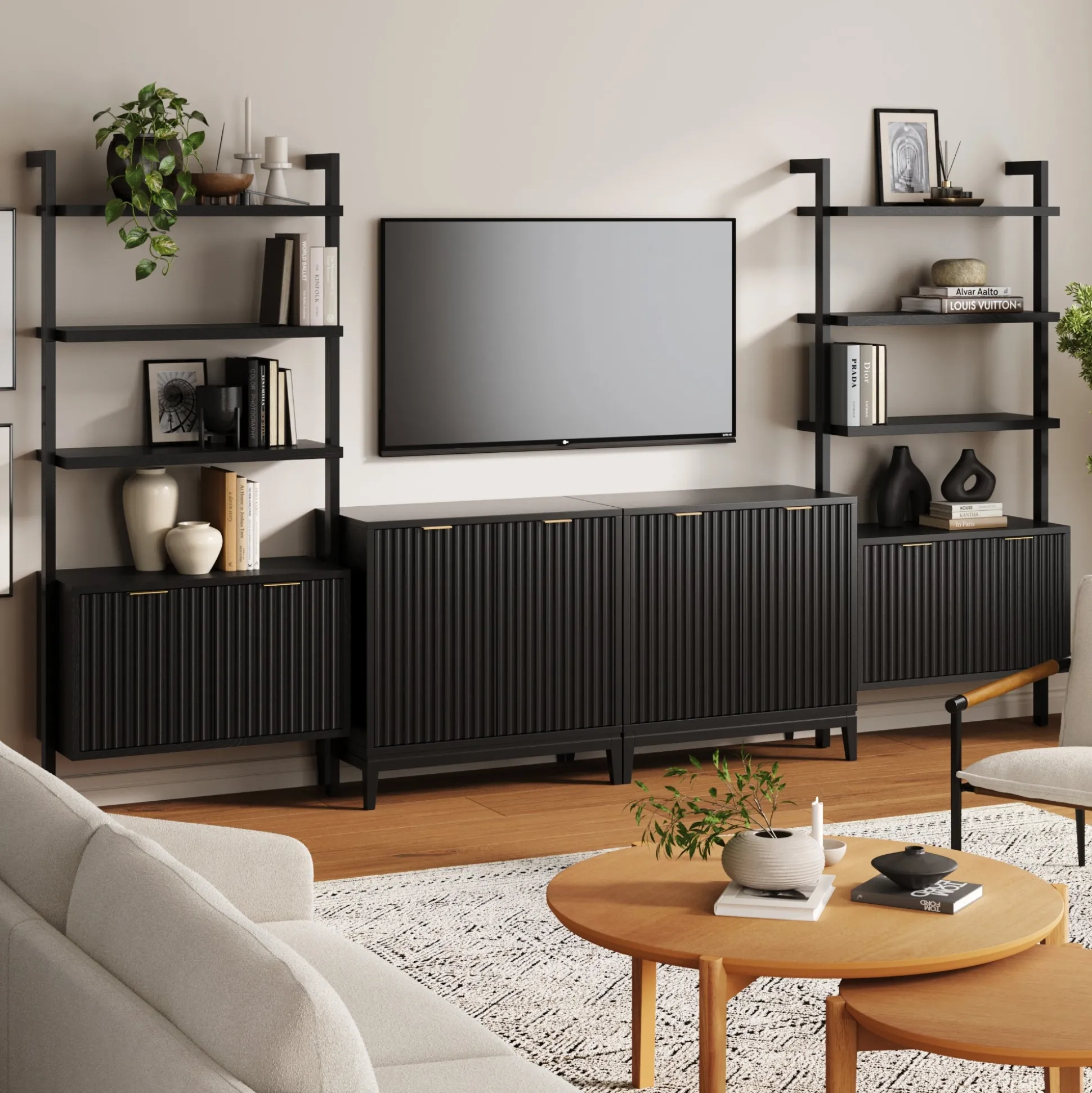 Solid Wood Fluted Entertainment Center Black Oak (2 Cabinets)