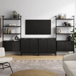 Solid Wood Fluted Entertainment Center Black Oak (2 Cabinets)