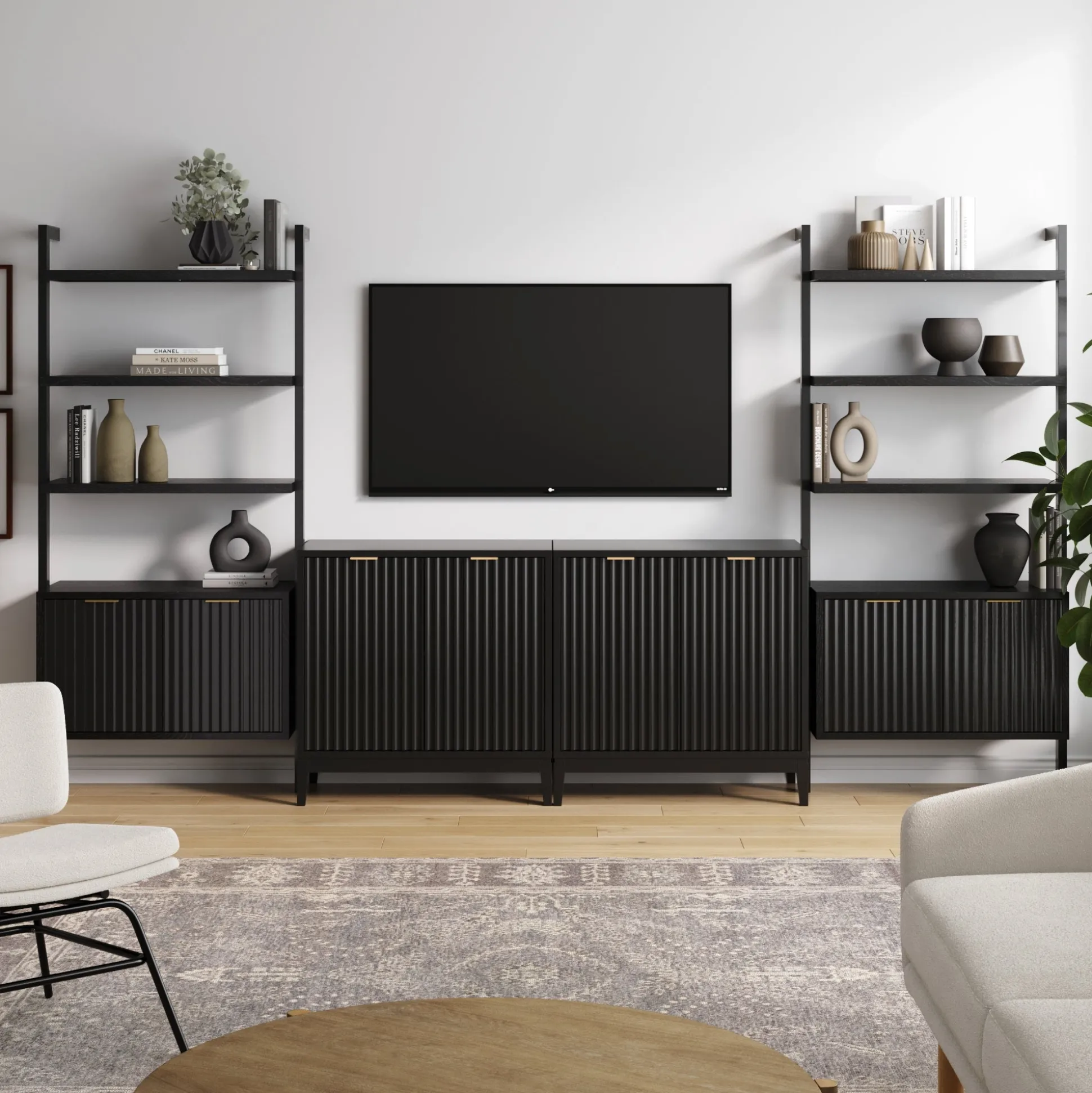 Solid Wood Fluted Entertainment Center Black Oak (2 Cabinets)