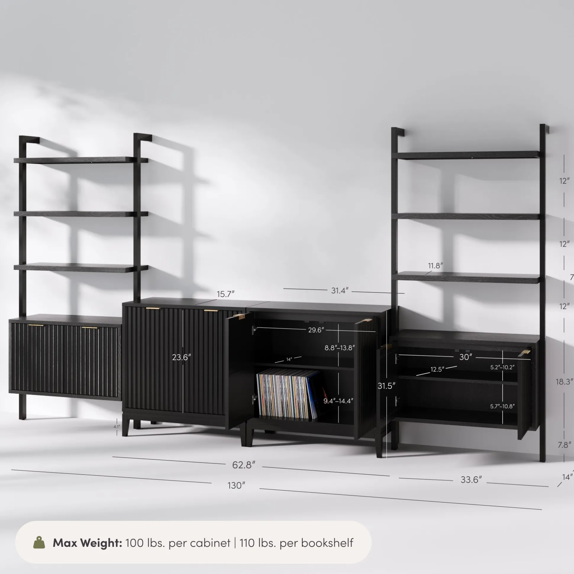 Solid Wood Fluted Entertainment Center Black Oak (2 Cabinets)