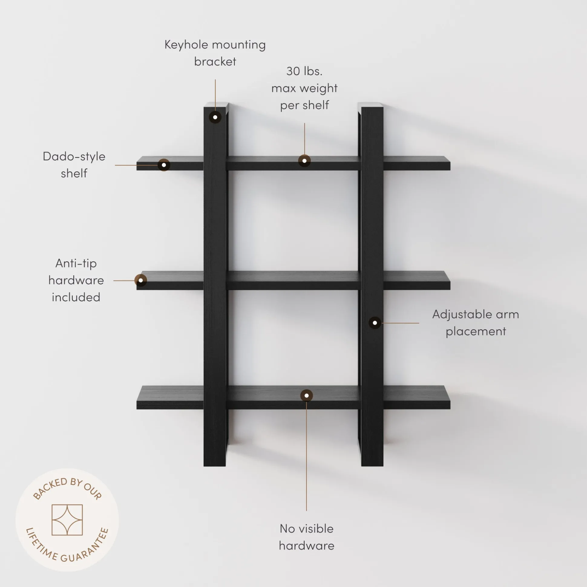 Solid Wood Modular Floating Wall Shelf Black Oak (Set of 2)