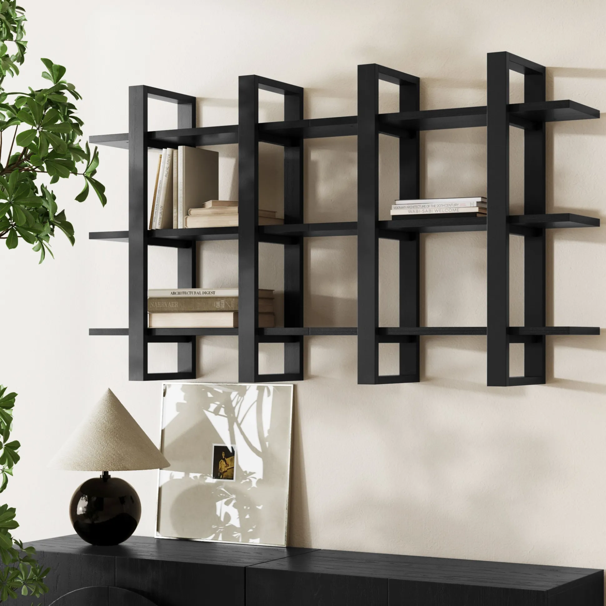 Solid Wood Modular Floating Wall Shelf Black Oak (Set of 2)
