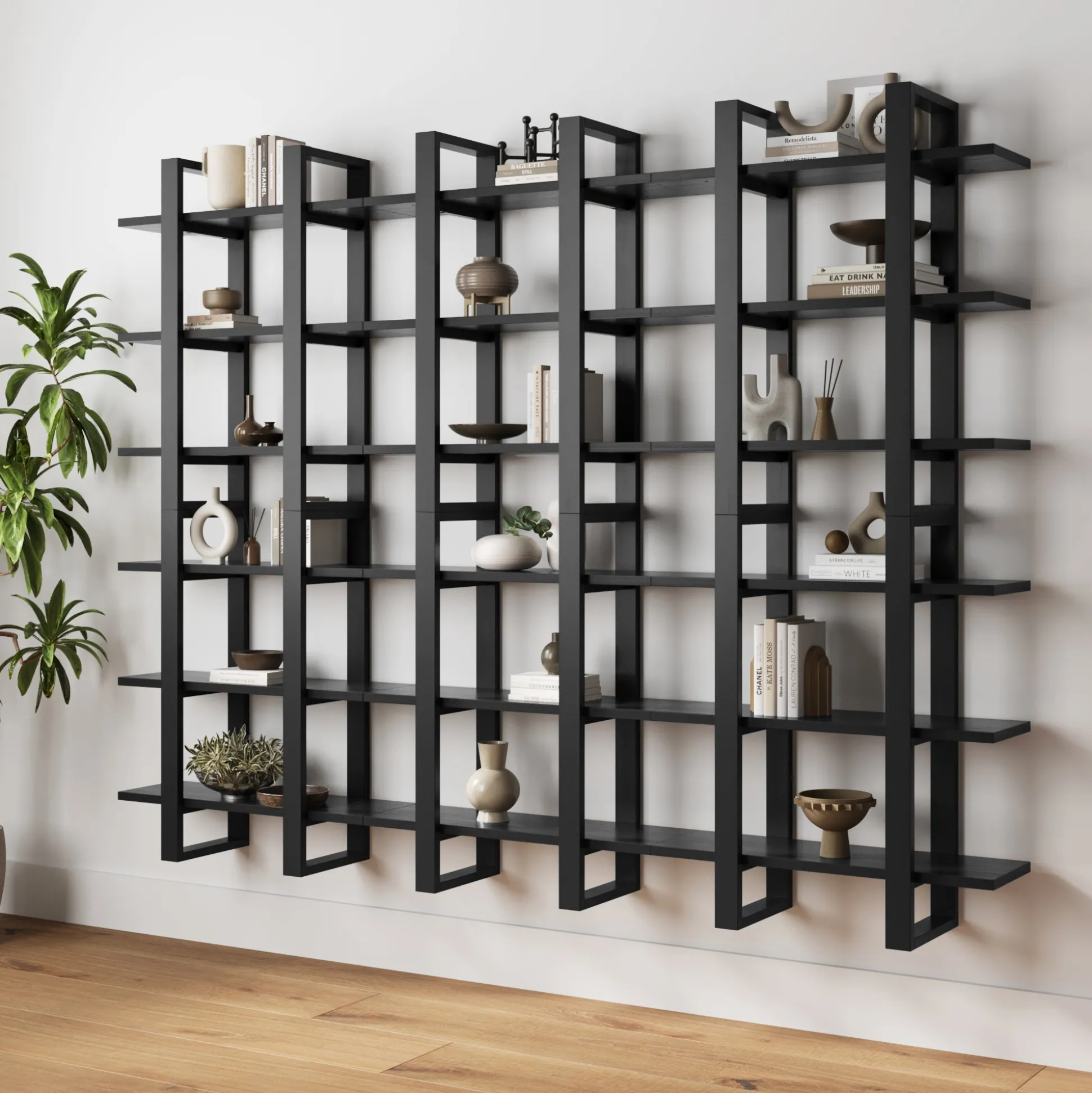 Solid Wood Modular Floating Wall Shelf Black Oak (Set of 6)