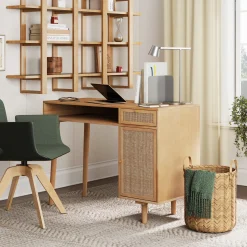 Solid Wood & Rattan Desk and Bookshelf Wall Unit