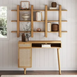 Solid Wood & Rattan Desk and Bookshelf Wall Unit
