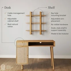Solid Wood & Rattan Desk & Bookshelf Wall Unit