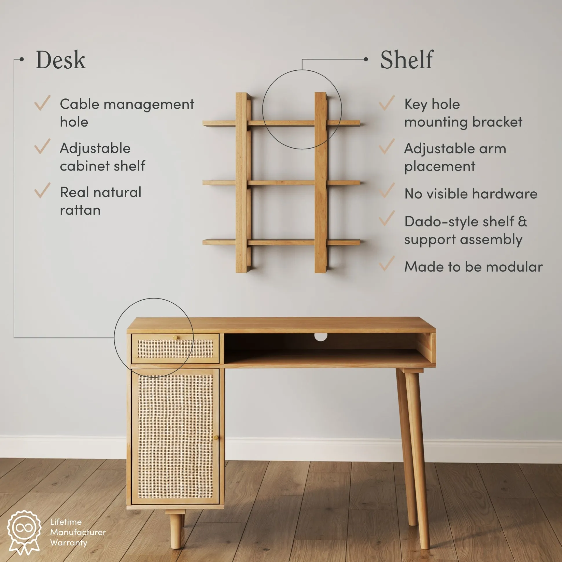 Solid Wood & Rattan Desk & Bookshelf Wall Unit