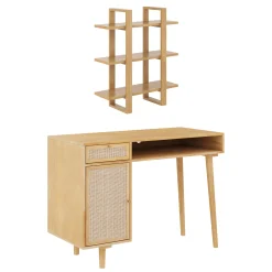 Solid Wood & Rattan Desk & Bookshelf Wall Unit