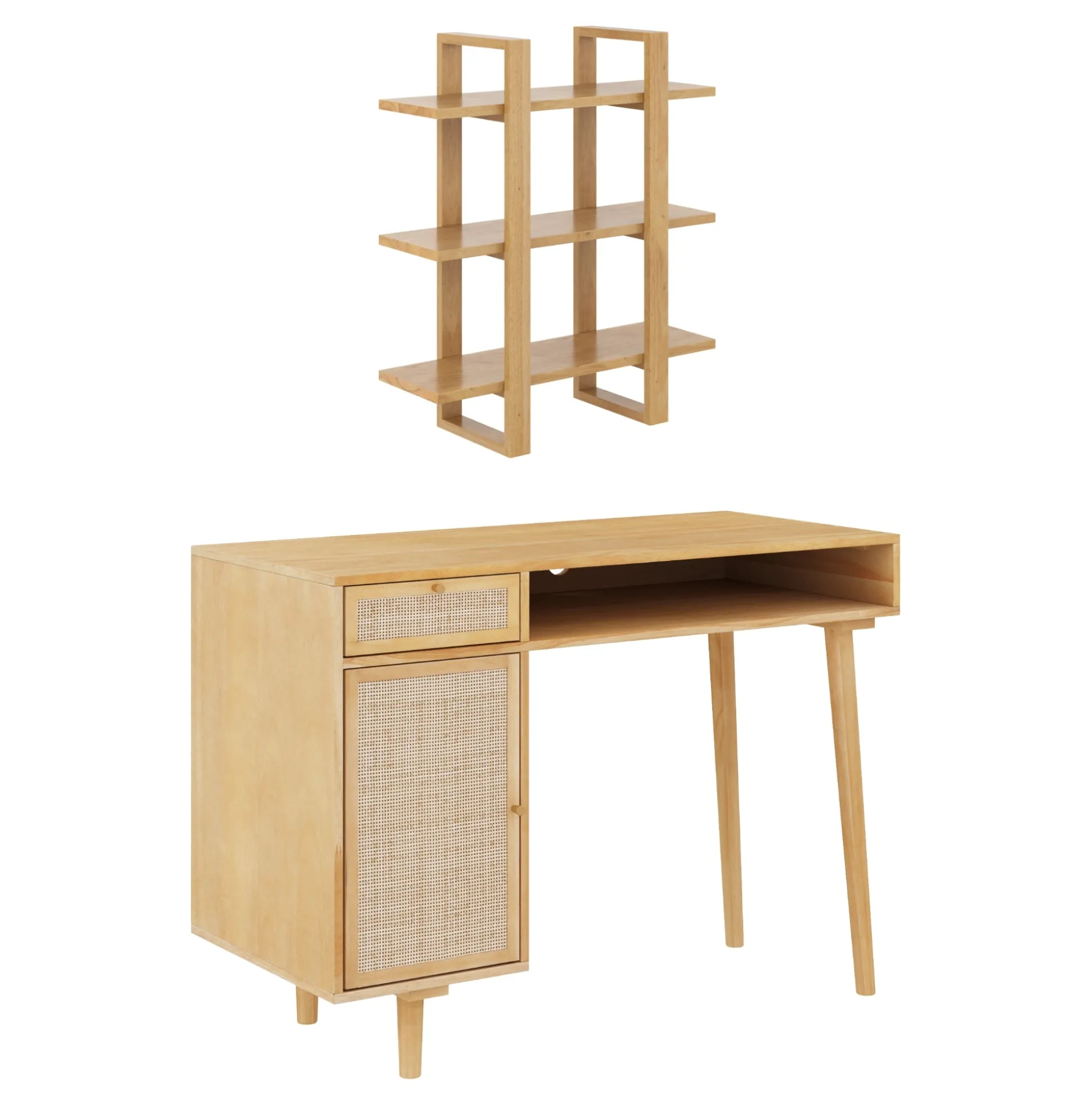 Solid Wood & Rattan Desk & Bookshelf Wall Unit