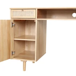 Solid Wood & Rattan Desk & Bookshelf Wall Unit