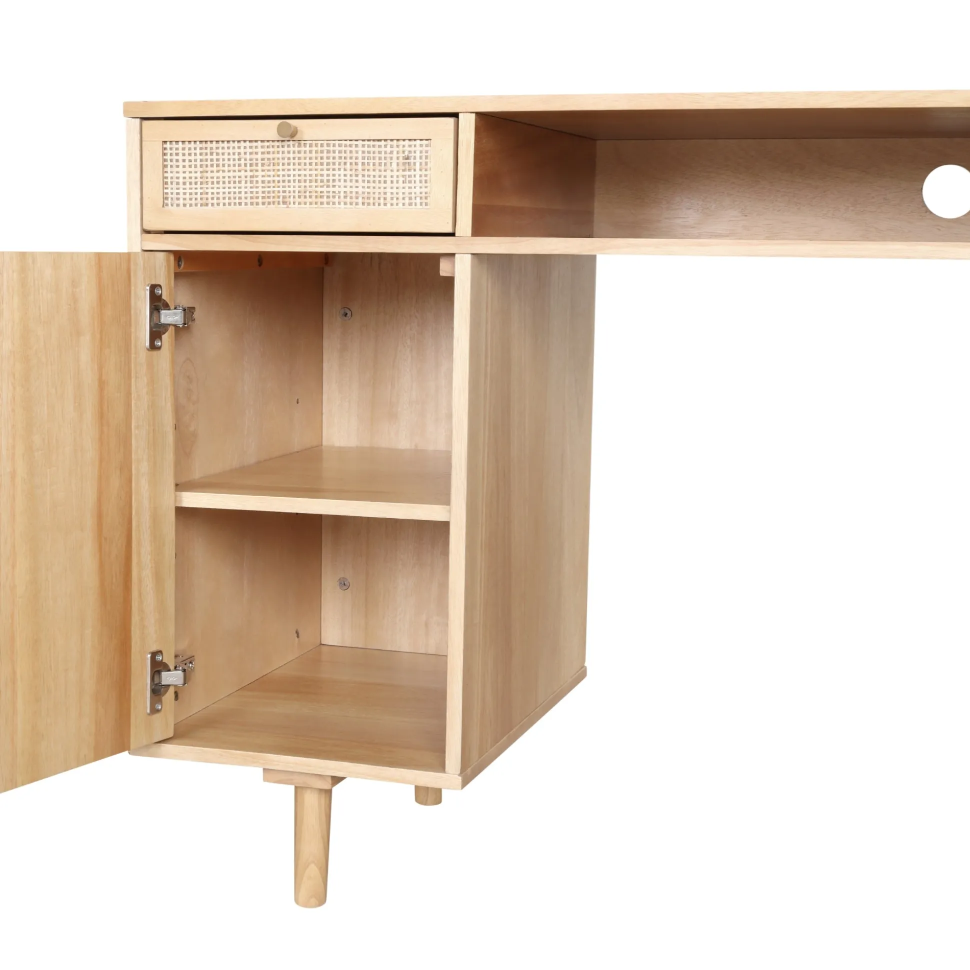 Solid Wood & Rattan Desk & Bookshelf Wall Unit