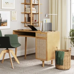 Solid Wood & Rattan Desk & Bookshelf Wall Unit