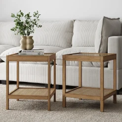Solid Wood Rattan & Glass End Table Set of 2