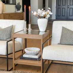 Solid Wood Rattan & Glass End Table Set of 2