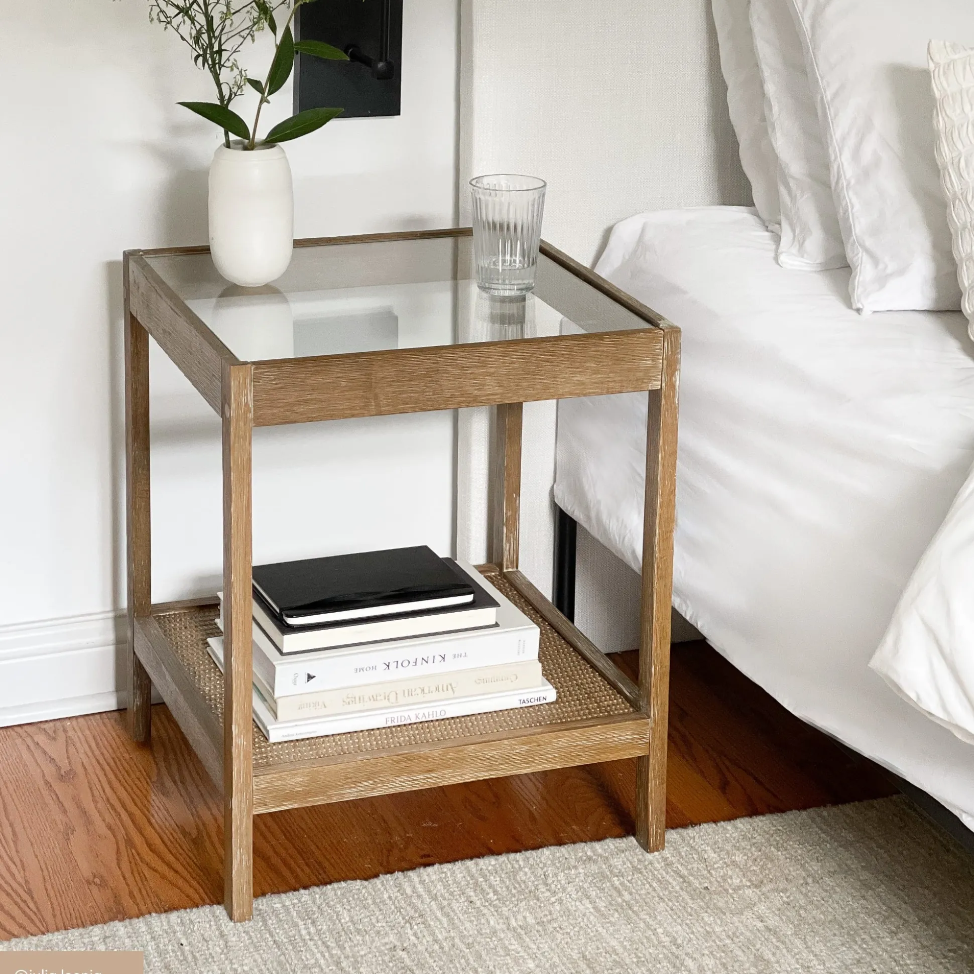 Solid Wood Rattan & Glass End Table Set of 2