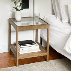 Solid Wood, Rattan & Glass Top End Table