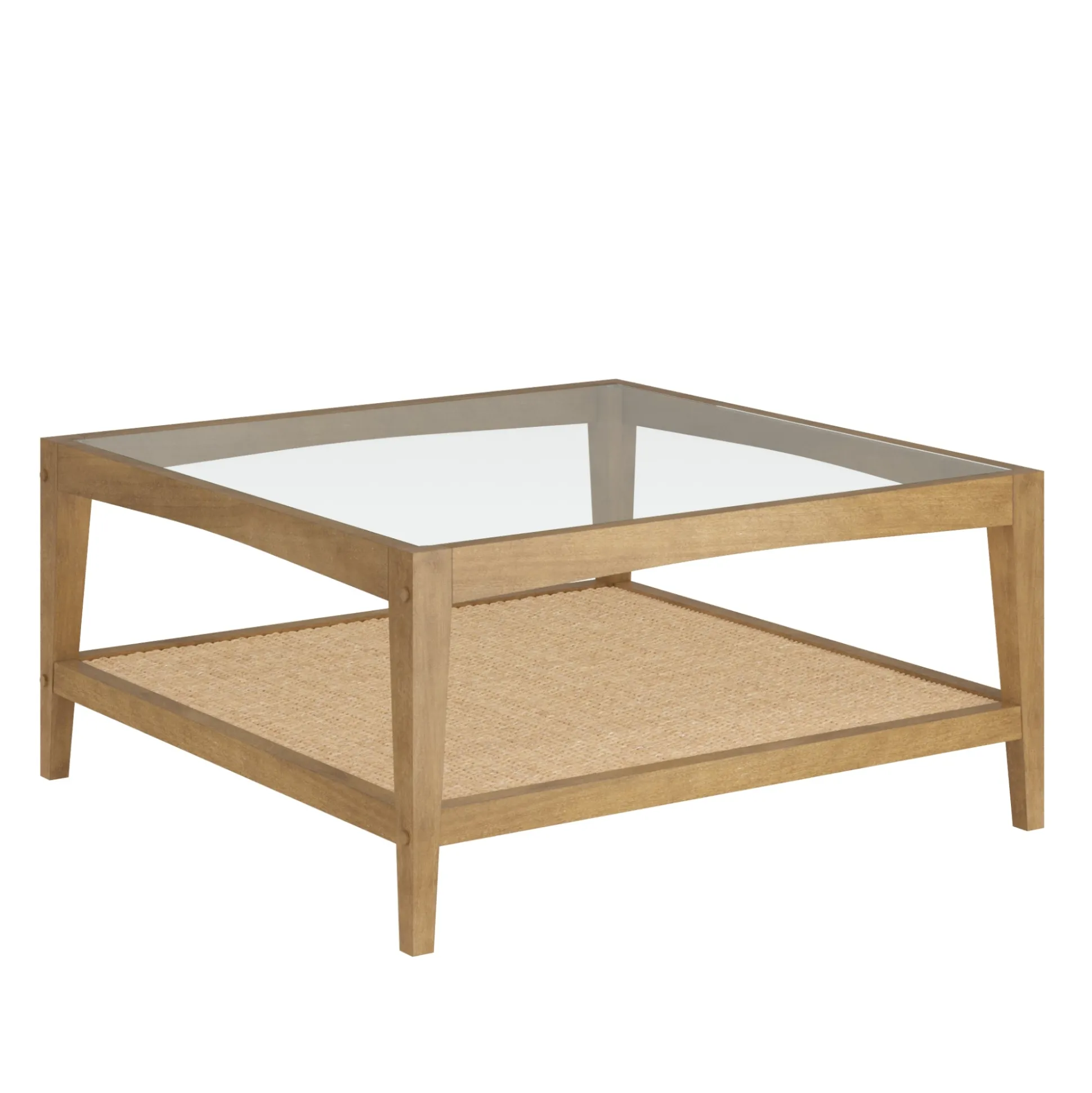 Square Glass & Rattan Coffee Table with Solid Wood Legs
