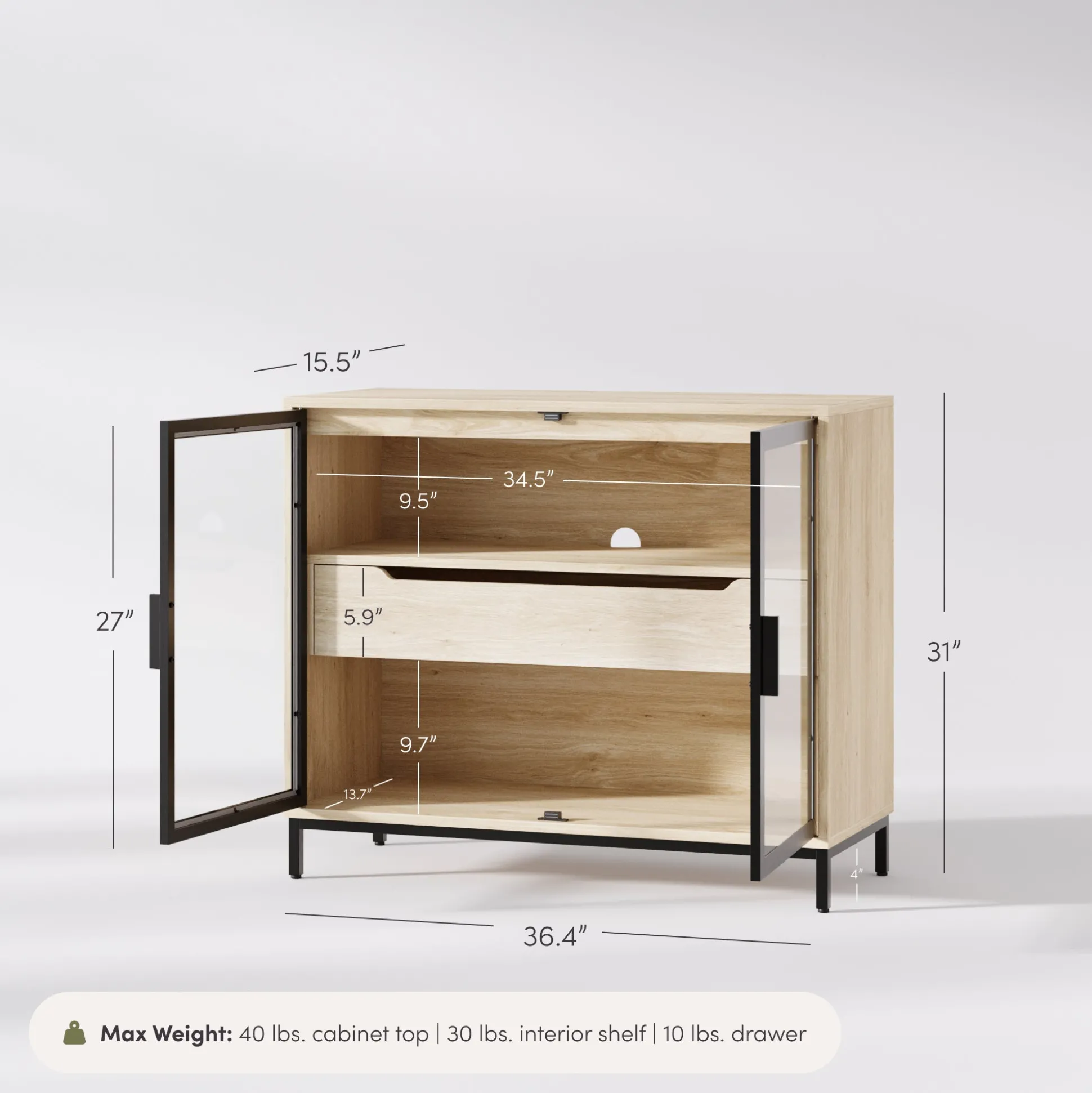Two-Door Glass Accent Cabinet with Drawer Light Oak
