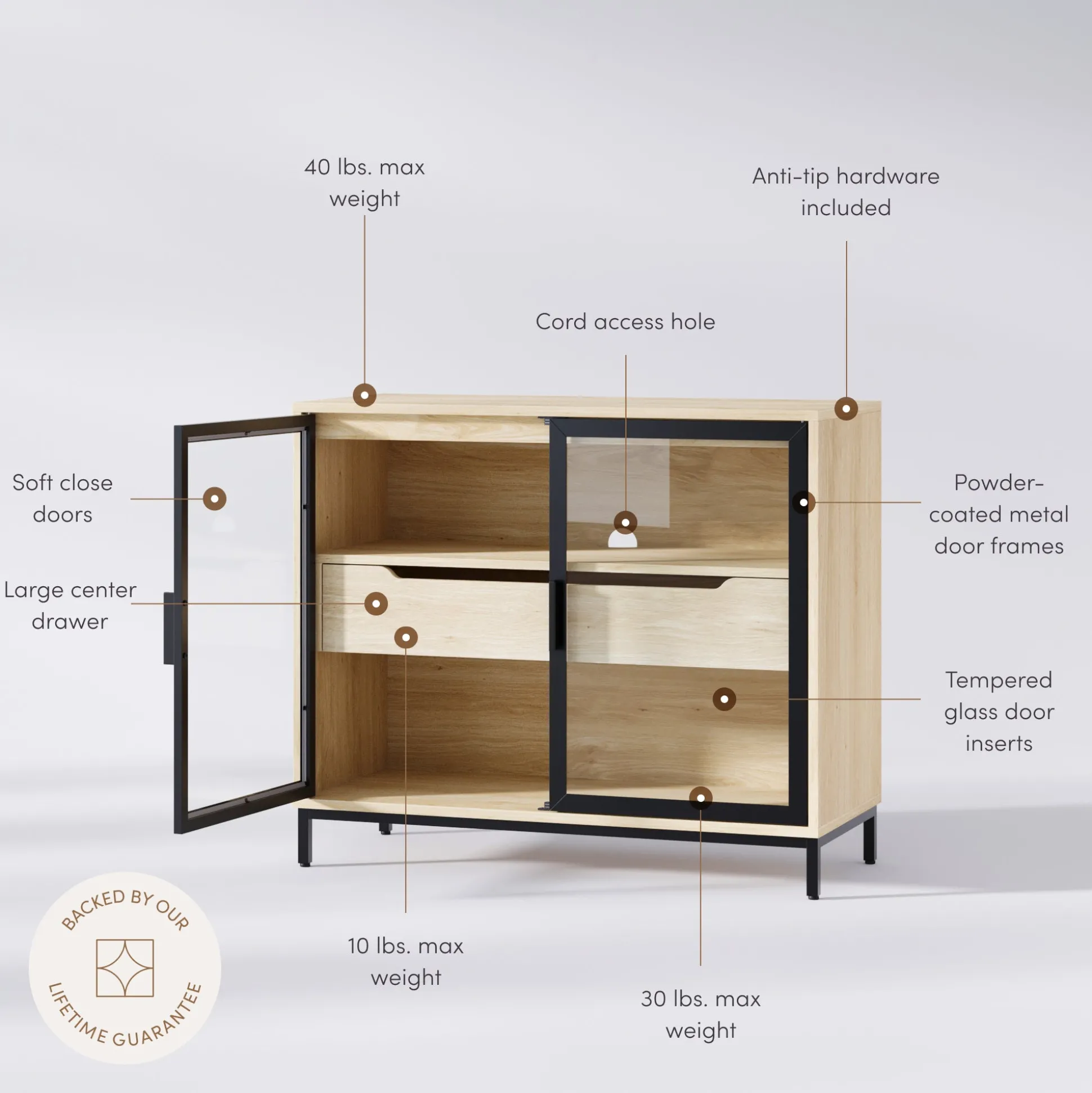 Two-Door Glass Accent Cabinet with Drawer Light Oak