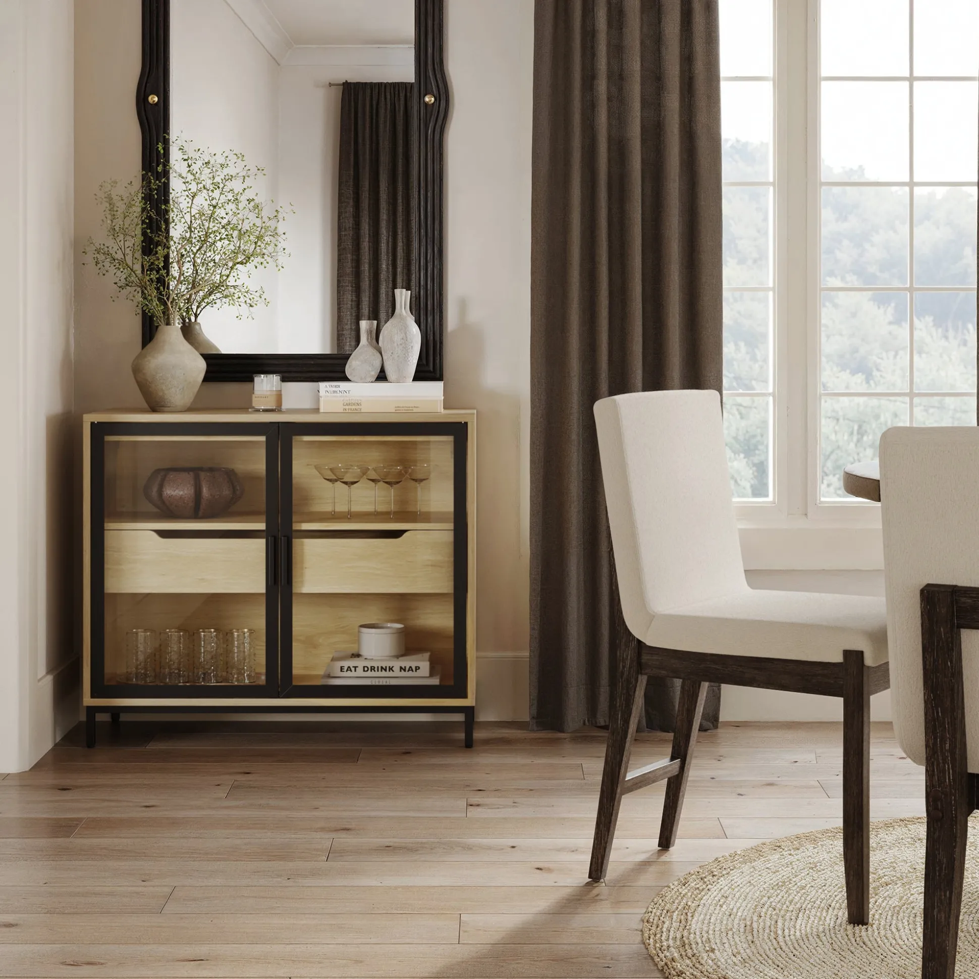 Two-Door Glass Accent Cabinet with Drawer Light Oak