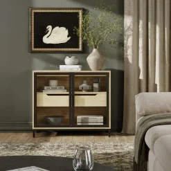 Two-Door Glass Accent Cabinet with Drawer Light Oak