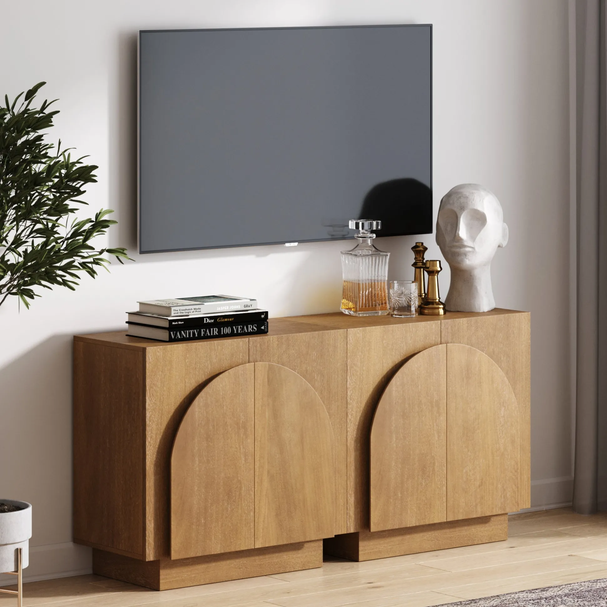 Wood Arched Kitchen Cabinet Credenza Light Brown (Set of 2)