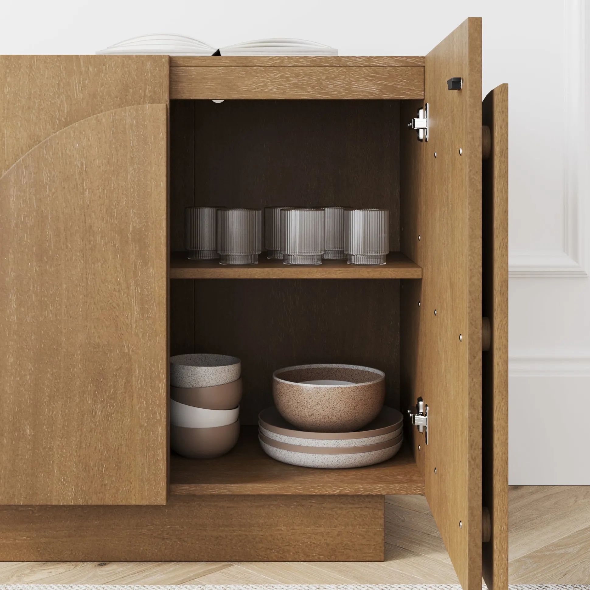 Wood Arched Kitchen Cabinet Credenza Light Brown (Set of 3)