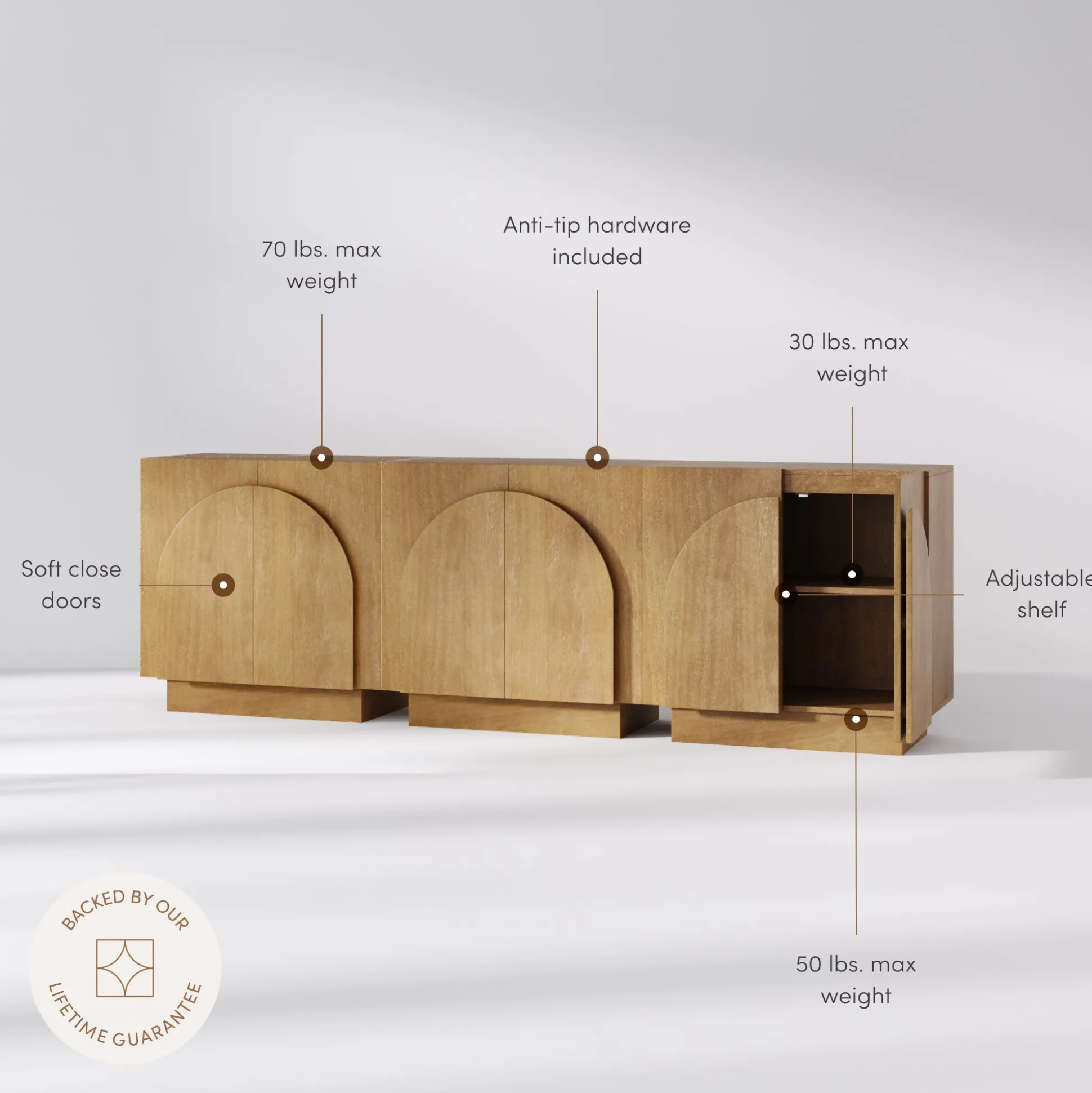 Wood Arched Kitchen Cabinet Credenza Light Brown (Set of 3)