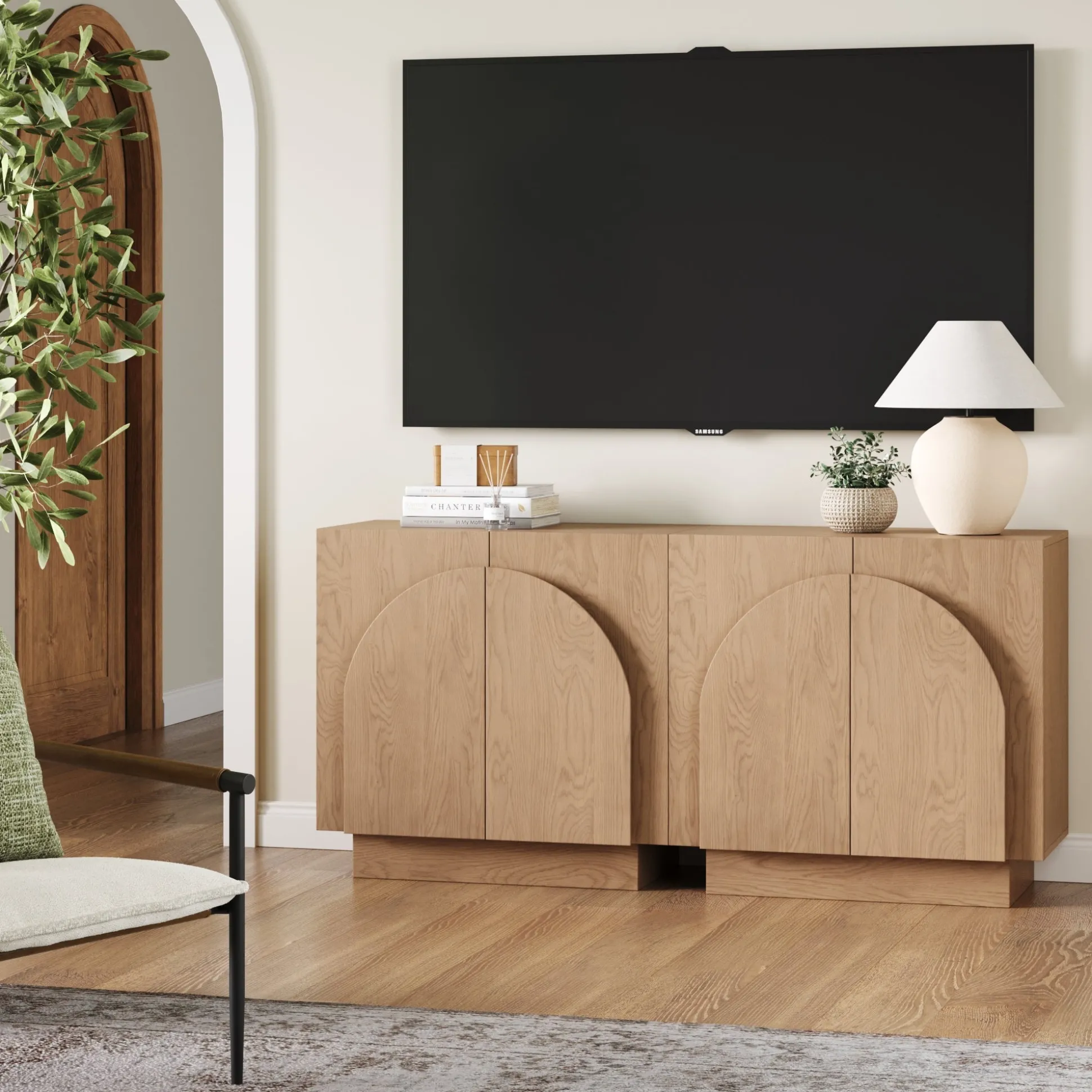 Wood Arched TV Console Stand for TVs up to 65" Oak