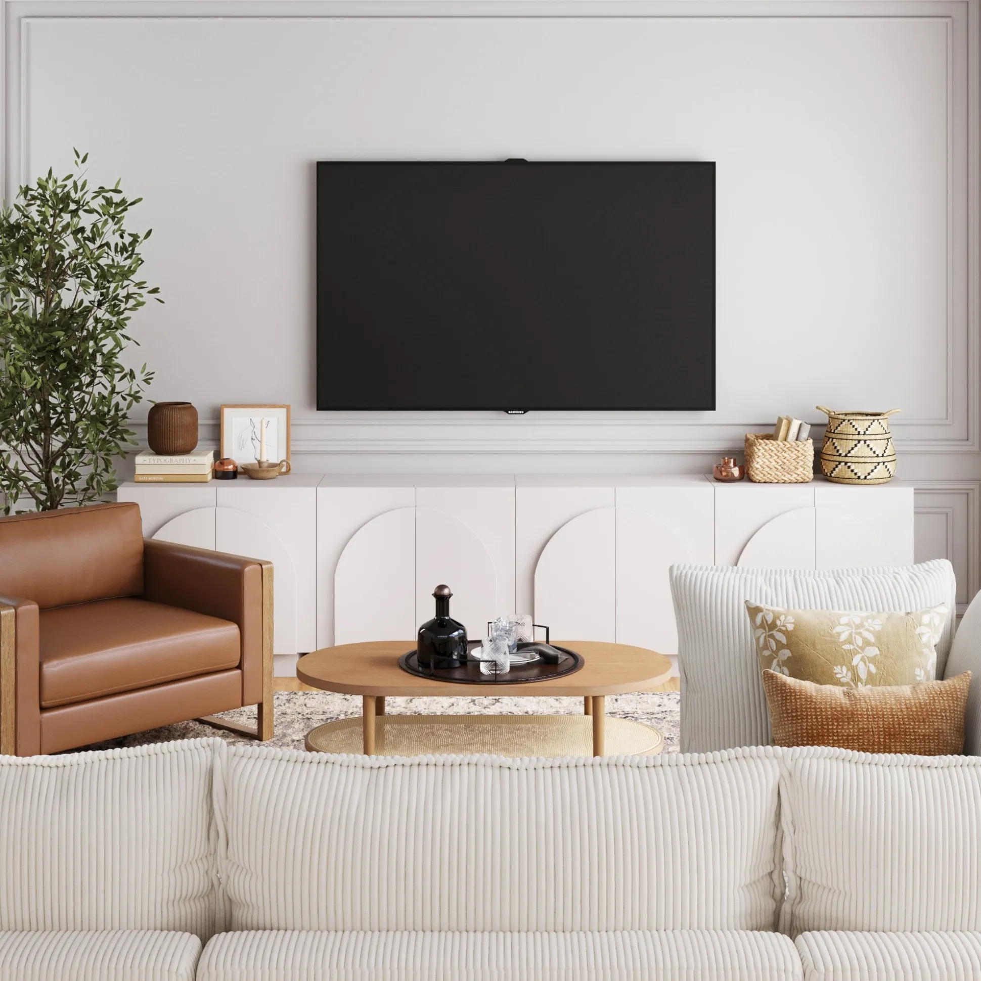 Wood Arched TV Console Stand for TVs up to 100" White