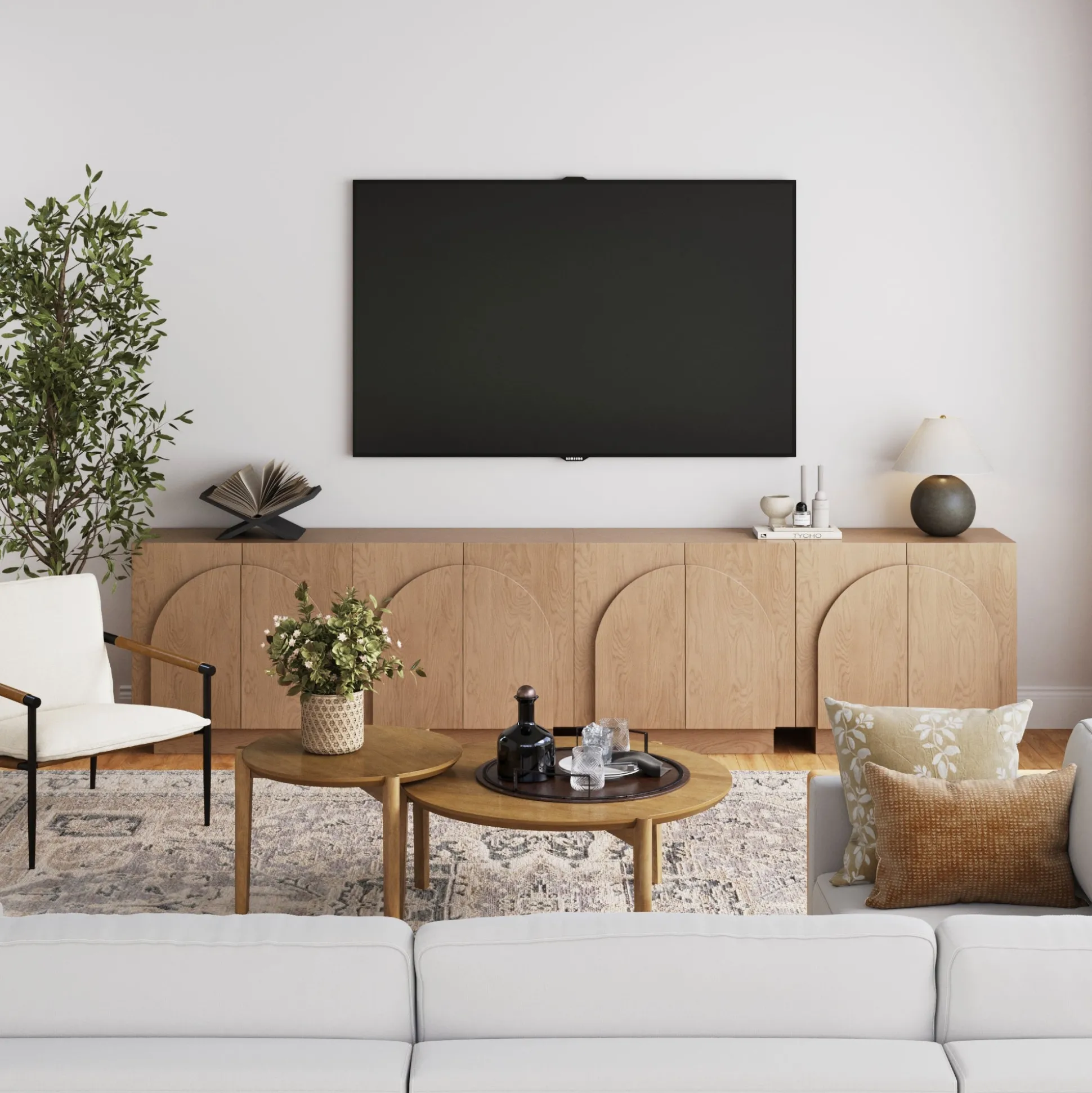 Wood Arched TV Console Stand for TVs up to 100" Oak