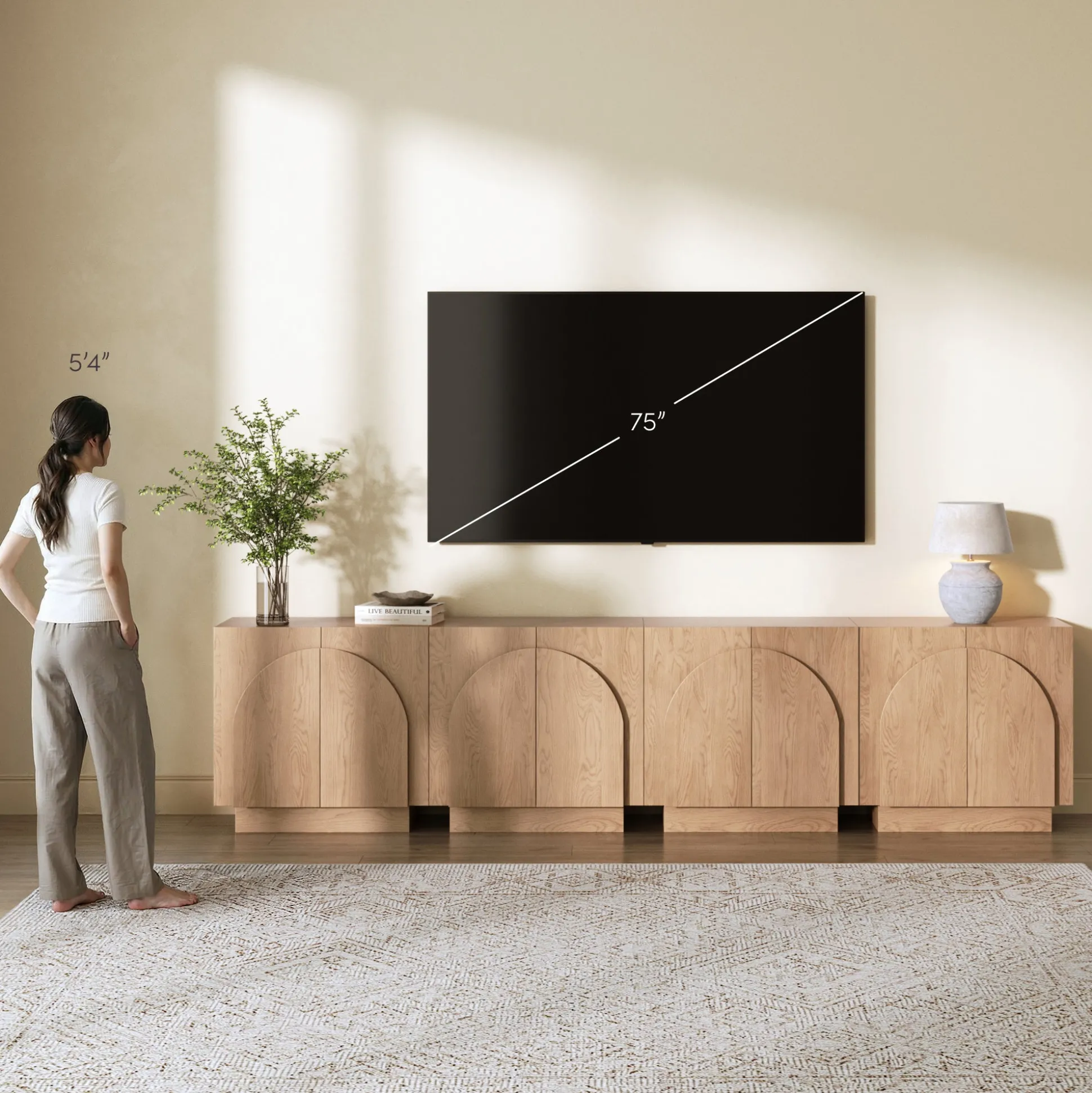 Wood Arched TV Console Stand for TVs up to 100" Oak