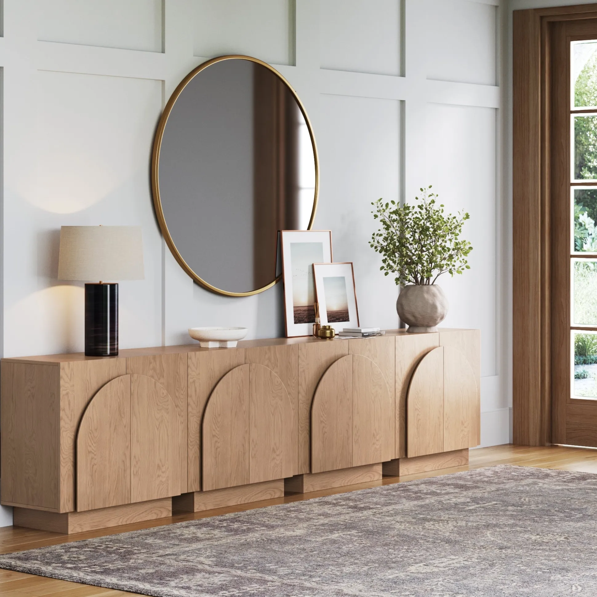 Wood Arched TV Console Stand for TVs up to 100" Oak