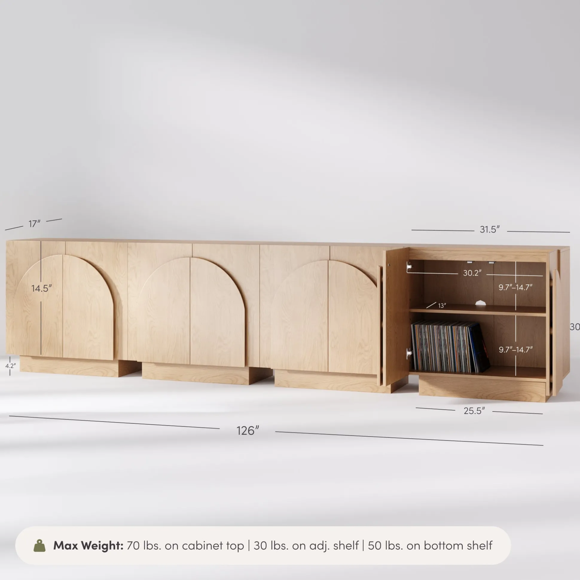 Wood Arched TV Console Stand for TVs up to 100" Oak