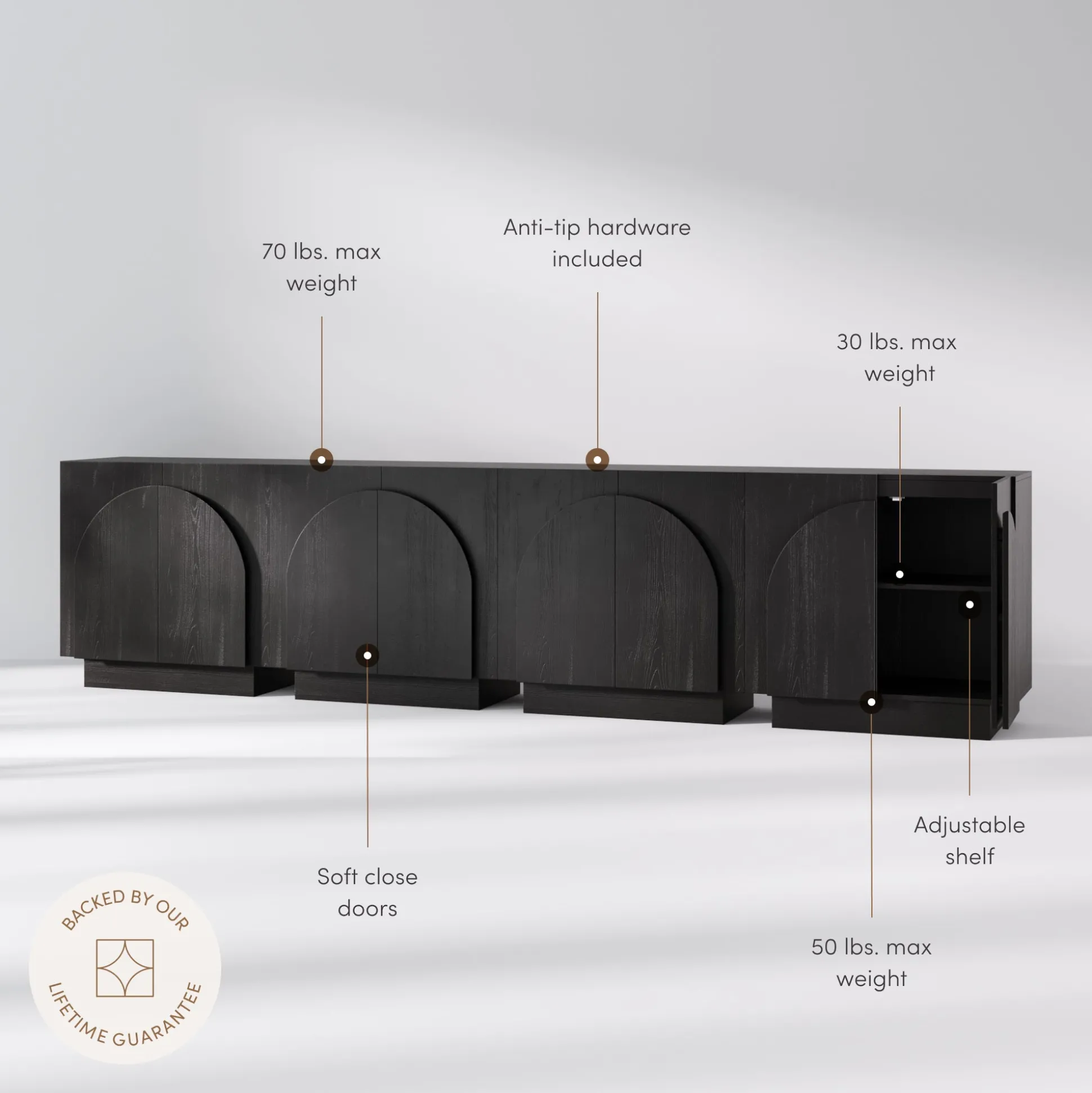 Wood Arched TV Console Stand for TVs up to 100" Black