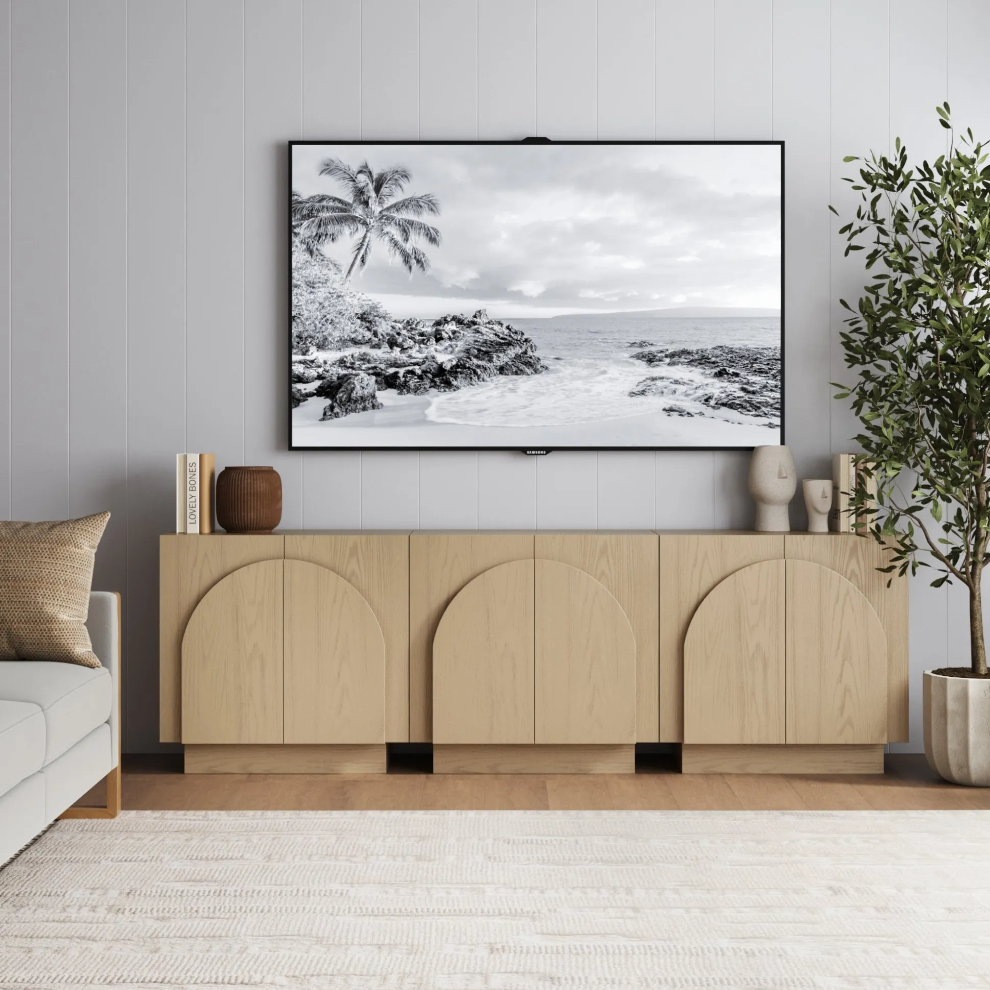 Wood Arched TV Console Stand for TVs up to 75" Gray Oak