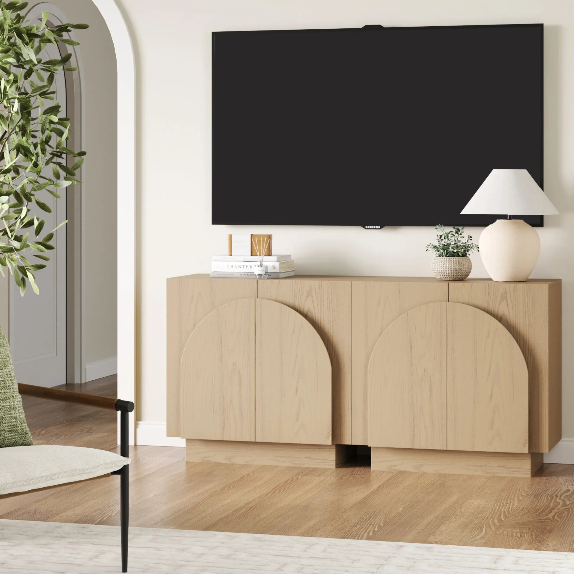 Wood Arched TV Console Stand for TVs up to 65" Gray Oak