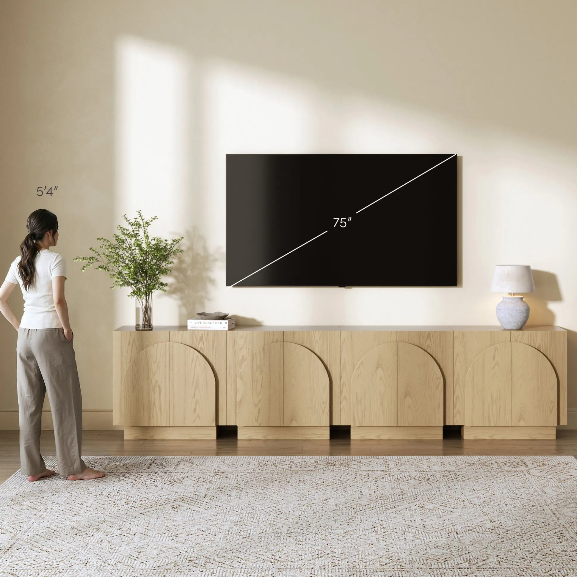 Wood Arched TV Console Stand for TVs up to 100" Gray Oak