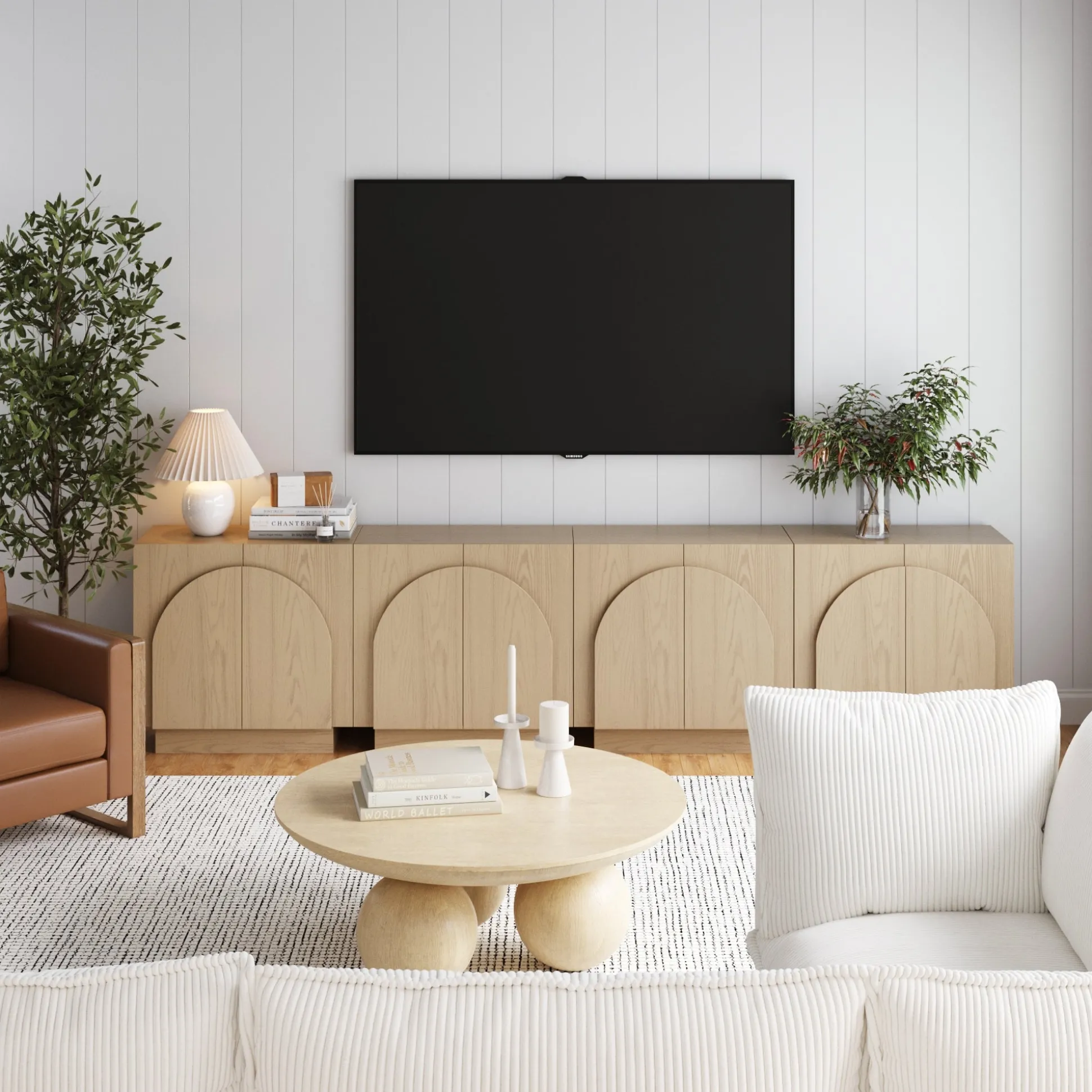 Wood Arched TV Console Stand for TVs up to 100" Gray Oak