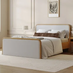 Wood Bed Frame in Feather Gray Upholstery | Size Queen