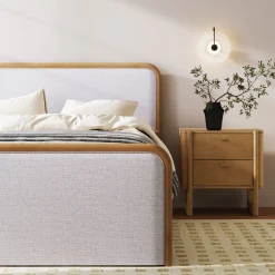 Wood Bed Frame in Feather Gray Upholstery | Size Queen