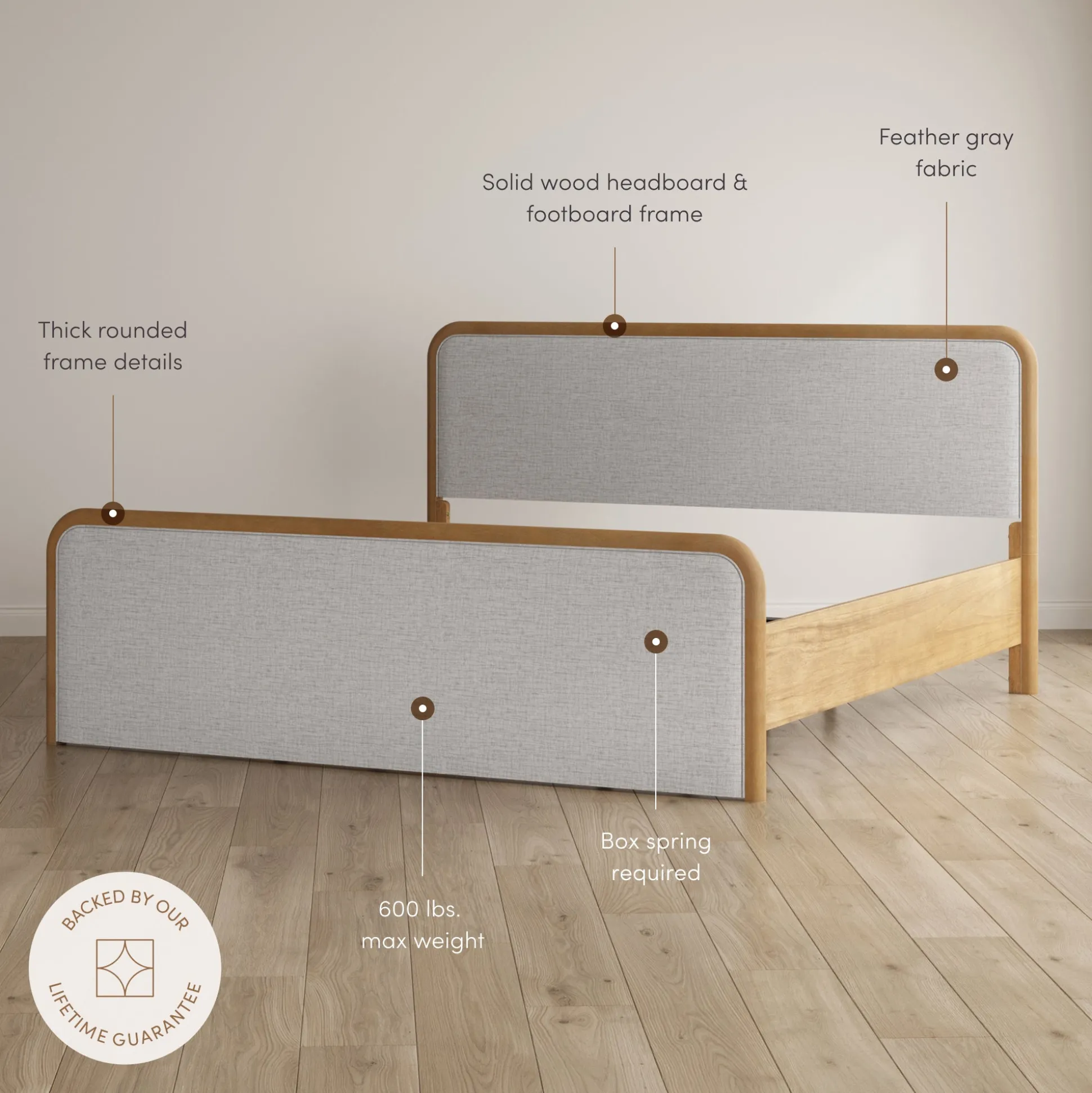 Wood Bed Frame in Feather Gray Upholstery | Size King